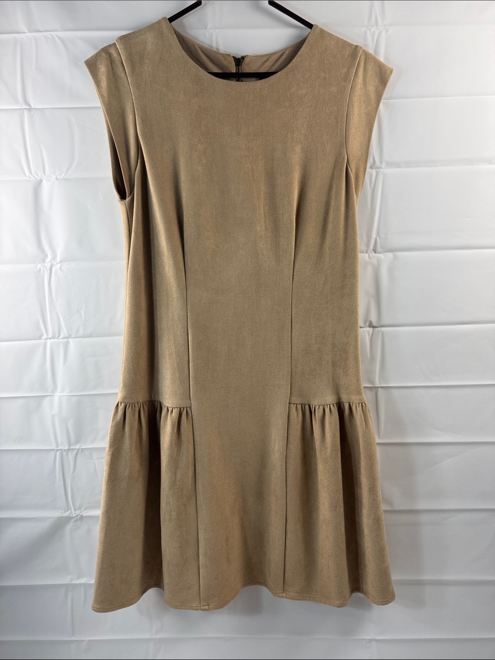 Greylin XS Tan Faux Suede Drop Waist Ruffle Dress Exposed Zip